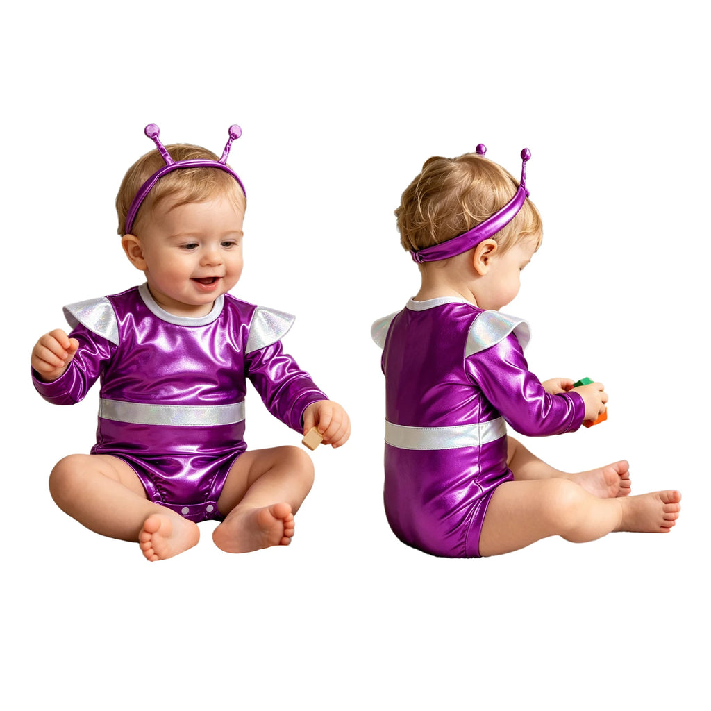 Little Boys Girls Halloween Theme Party Metallic Shiny Alien Rompers Space Robot Astronaut Dress Up Jumpsuit Photography Costume