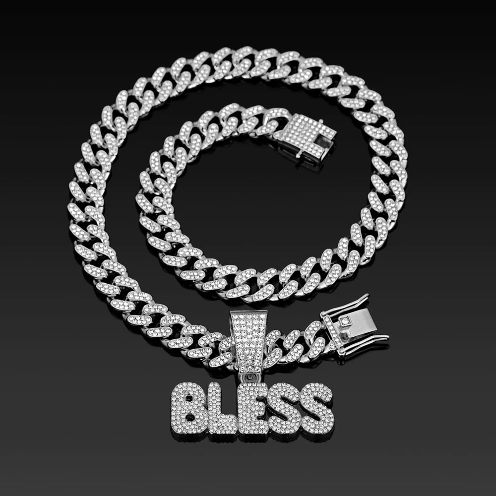 Hip Hop Letter BLESS Pendant Necklace for Women Men Shiny Rhinestones 13MM Cuban Chain Crystal Necklaces Fashion Jewelry Gifts