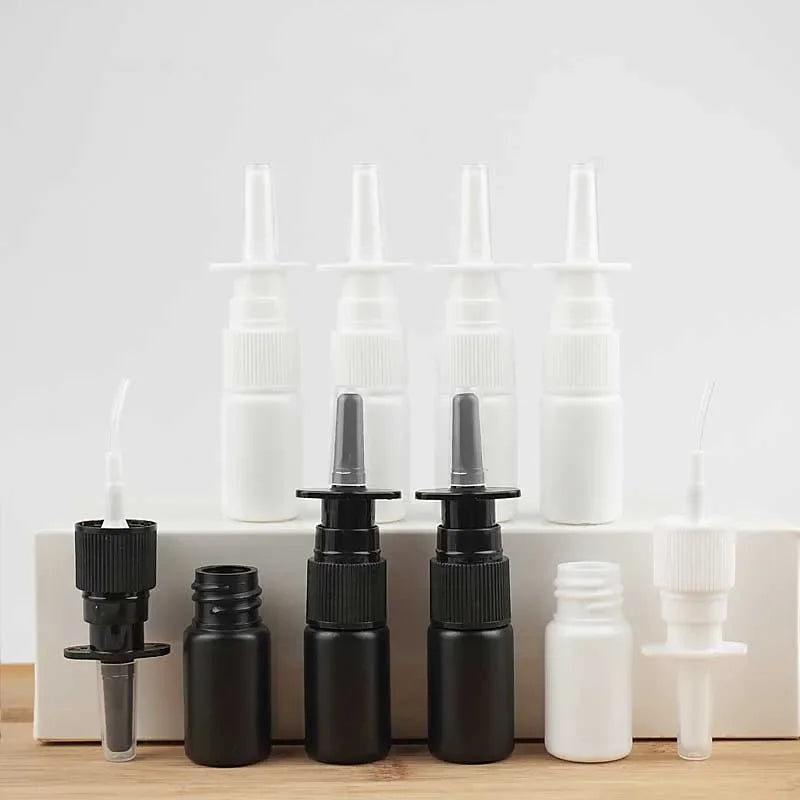 100/200pcs 10ml HDPE Black Empty Nasal Spray Bottle Pump Sprayer Mist Nose Spray Bottle Portable Refillable Bottling Packaging