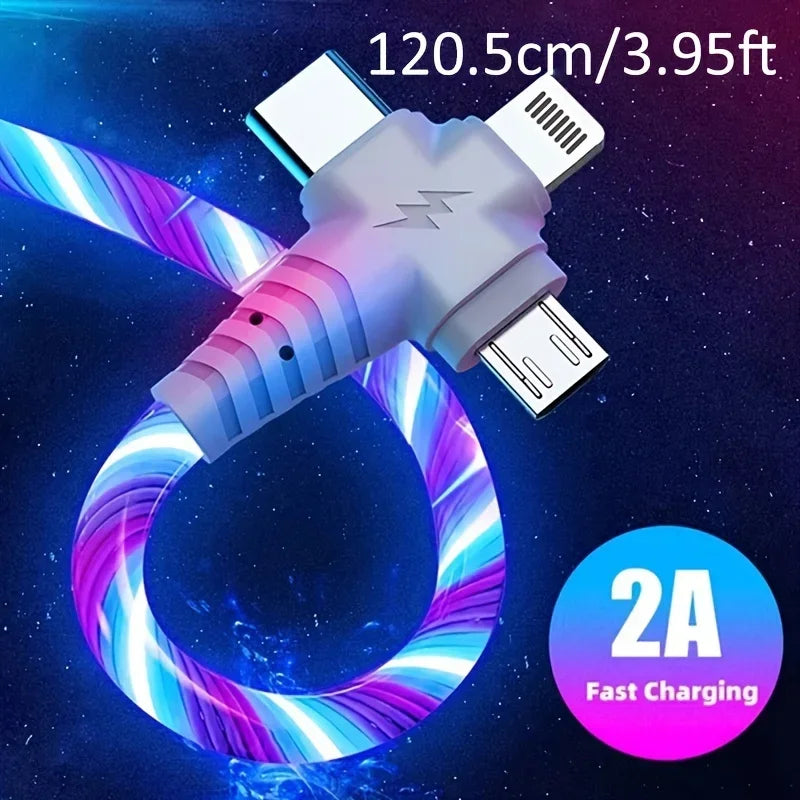 3 in 1 Flowing Glowing Light  Fast Charging Cable Micro  Type C for Iphone 14 13 12 11 Pro  Charging for  Data Line Charge Cord