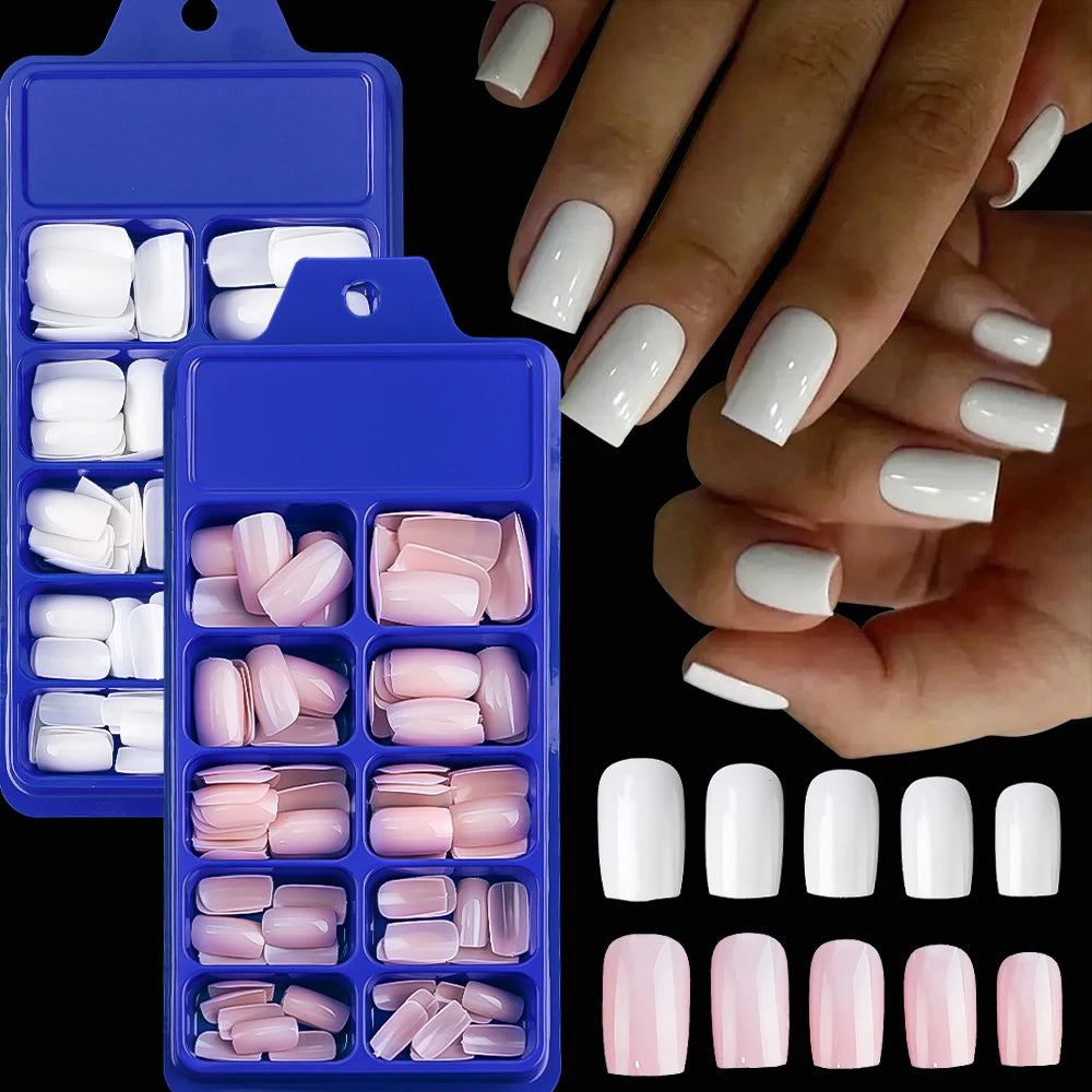 100pcs White Medium Square False Nails Full Cover Acrylic Artifical Fake Nail Tips Women Nail Decoration 10 Sizes Press On Nails