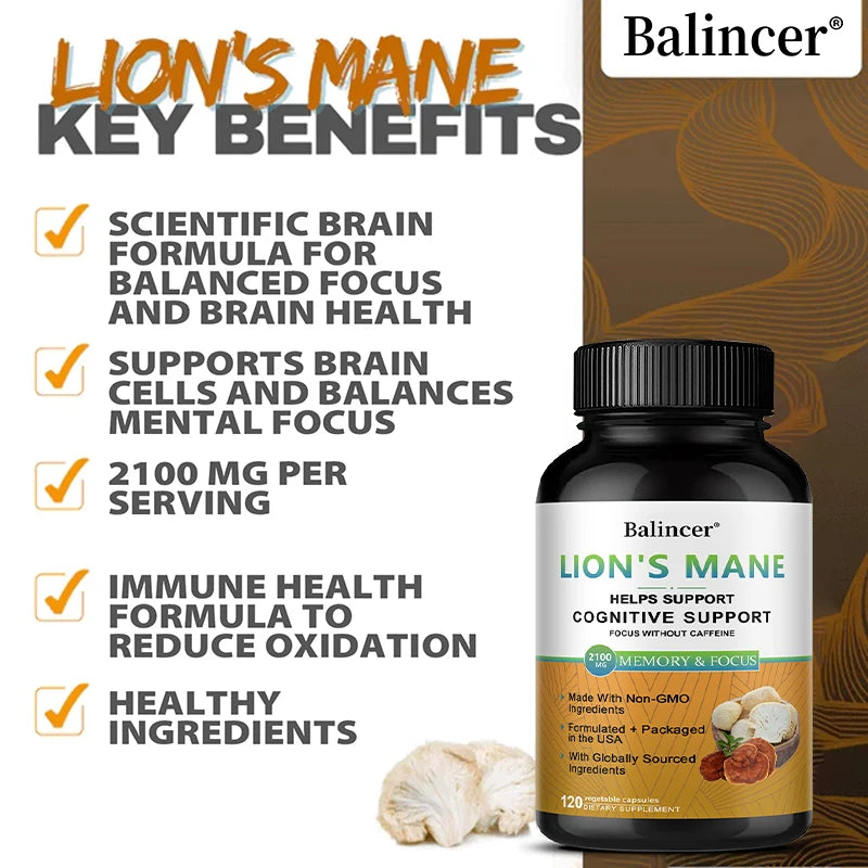 Mushroom Complex Capsules - Lions Mane Cordyceps Reishi, Brain & Immune Support, Nootropic for Focus/Memory, Stress Relief