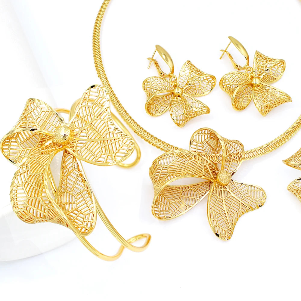 GZJPEI African Women's Bowknot Jewelry Set Gold Plated Necklace Earrings Bracelet Ring, Fashion 4PCS Jewelry Set For Women,