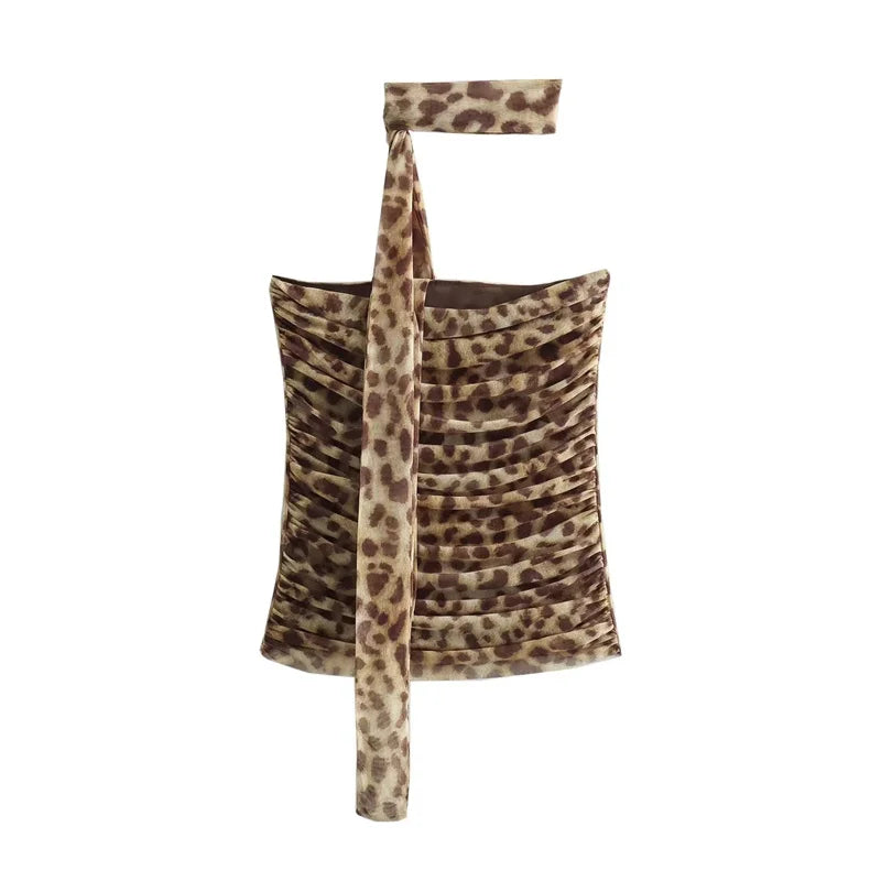 WOMEN Leopard Print Tulle Crop Top Woman Ruched Off Shoulder Bandeau Top Women Sleeveless Backless Tube Top Summer Sexy Tops