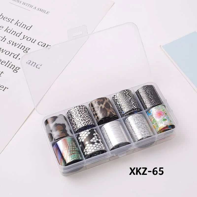 10 Rolls/ Box Charm Nail Foils Polish Stickers Metal Color Starry Paper Transfer Foil Wraps Adhesive Decals Nail Art Decorations
