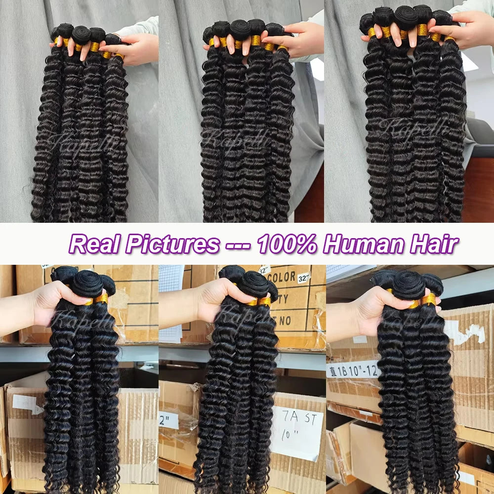Deep Wave Human Hair Bundles with Closure 24 26 28 inch Deep Curly Bundles Natural Human Hair Brazilian Raw Hair Extensions