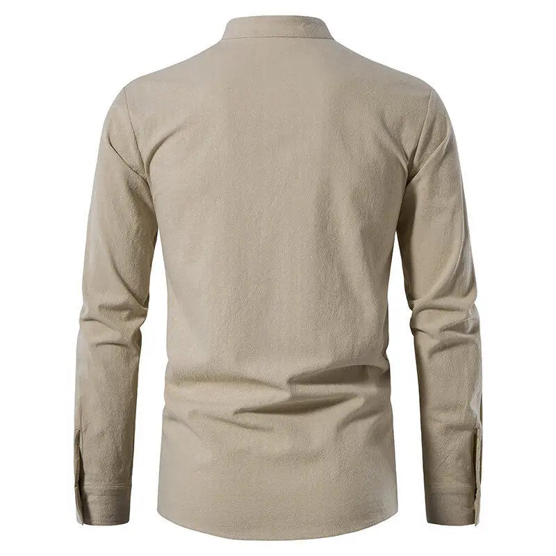 Men's Casual Henley Shirt Stand Collar Long Sleeve with Drawstring Cuffs Casual Henley Collar Shirt