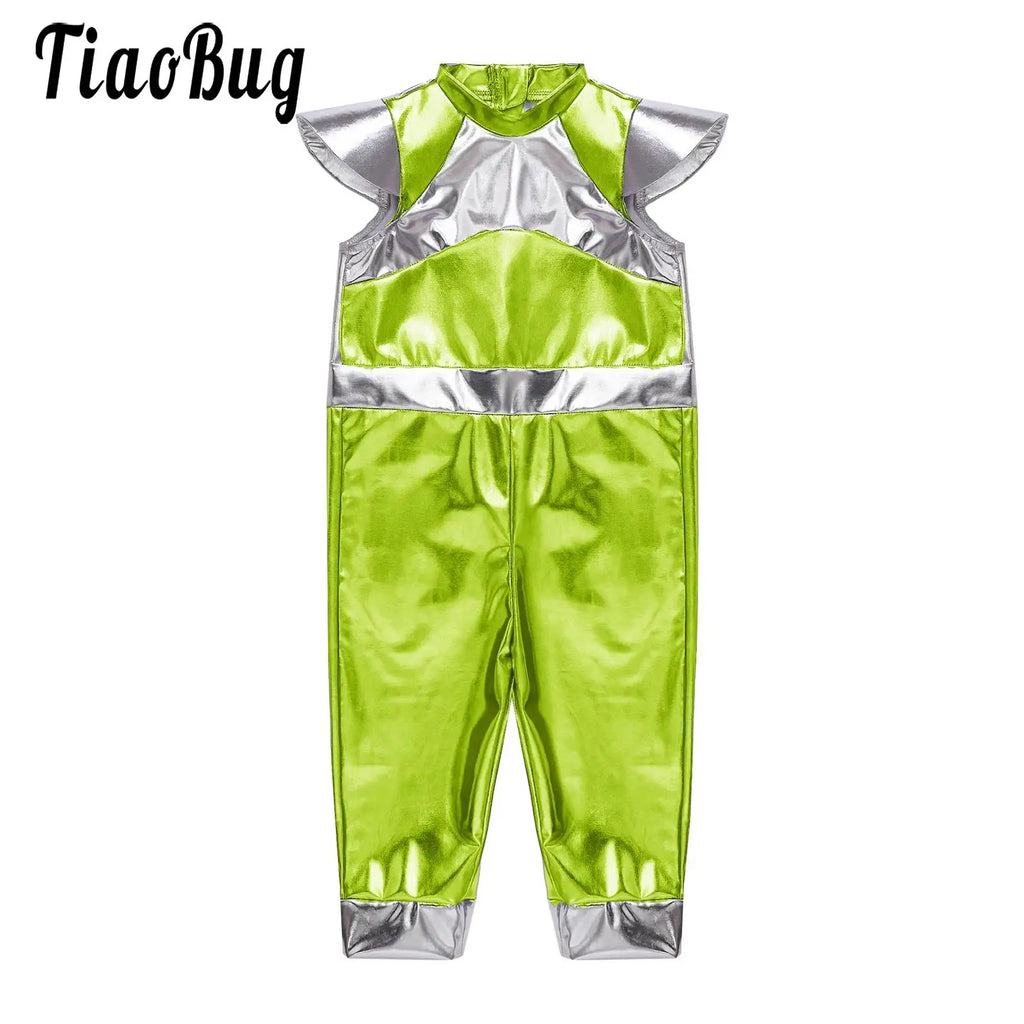 Toddler Boys Girls Shiny Alien Dress-up Costume Jumpsuit Cap Sleeve Zipper Metallic Romper for Photography Halloween Theme Party