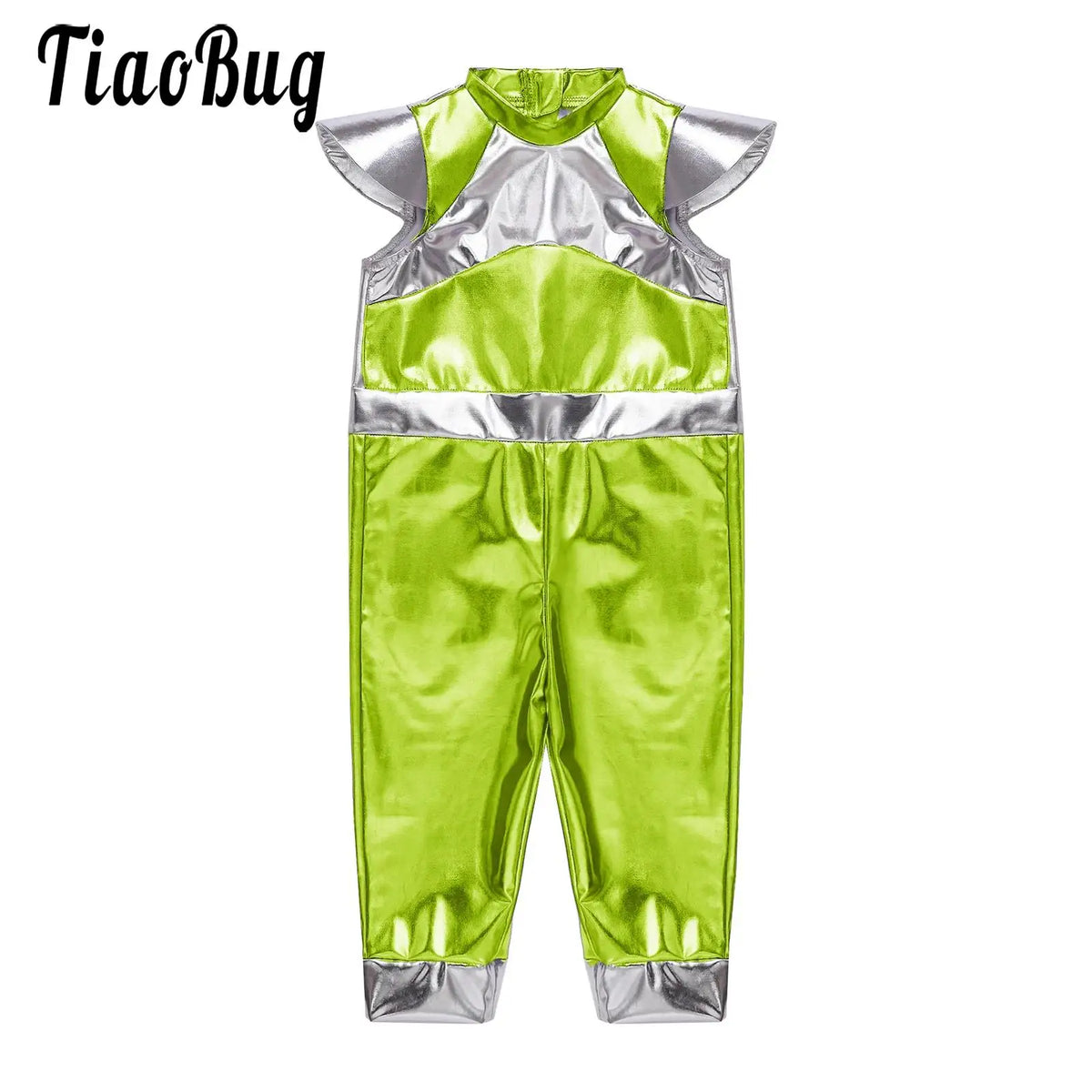 Toddler Boys Girls Shiny Alien Dress-up Costume Jumpsuit Cap Sleeve Zipper Metallic Romper for Photography Halloween Theme Party