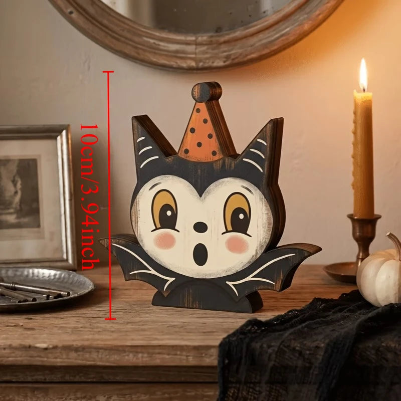 1/6pc Halloween Decor Indoor Retro Wooden Block for Shelf Decoration,Cute Ghost,Pumpkin,Black,Cat,Skeleton,Owl,Housewarming Gift