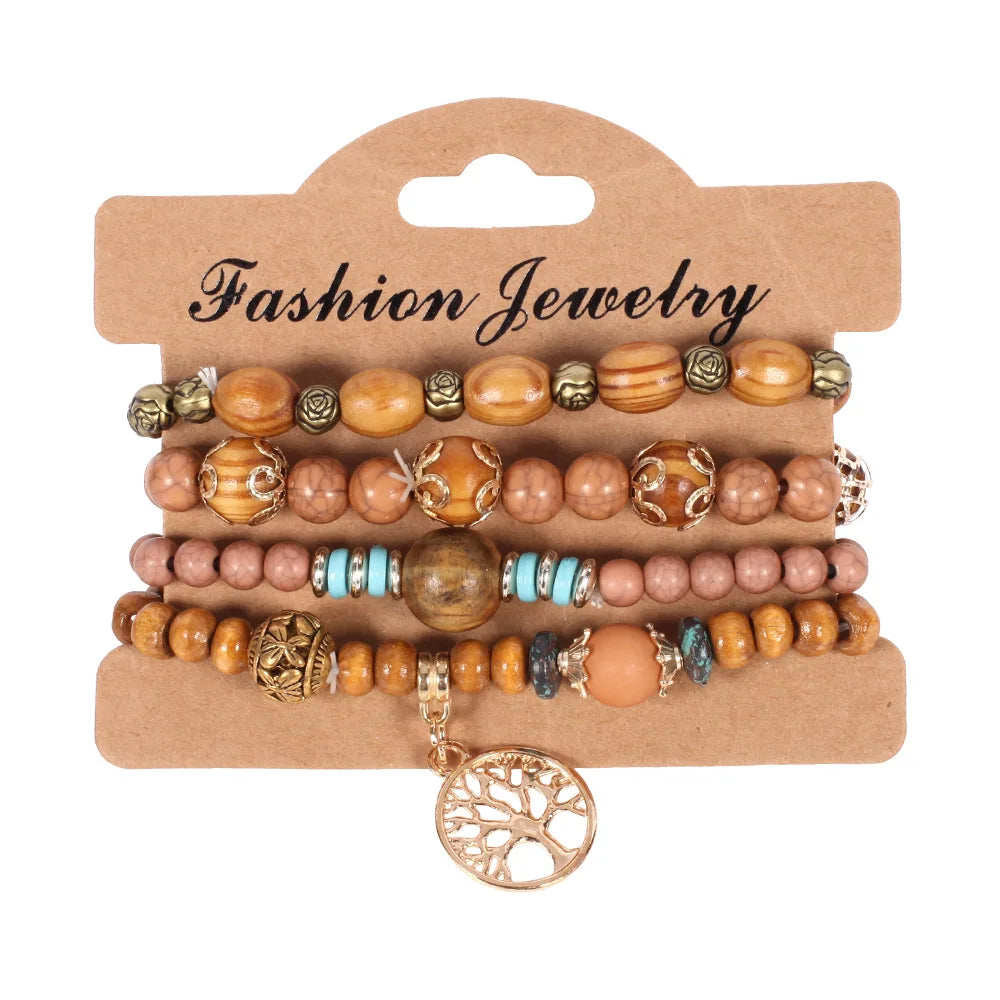 4Pcs/set Bohemia Wood Beads Chain Bracelet Set For Women Tree Of Life Charm Rose Flower Handmade Bangle Girls Boho Jewelry