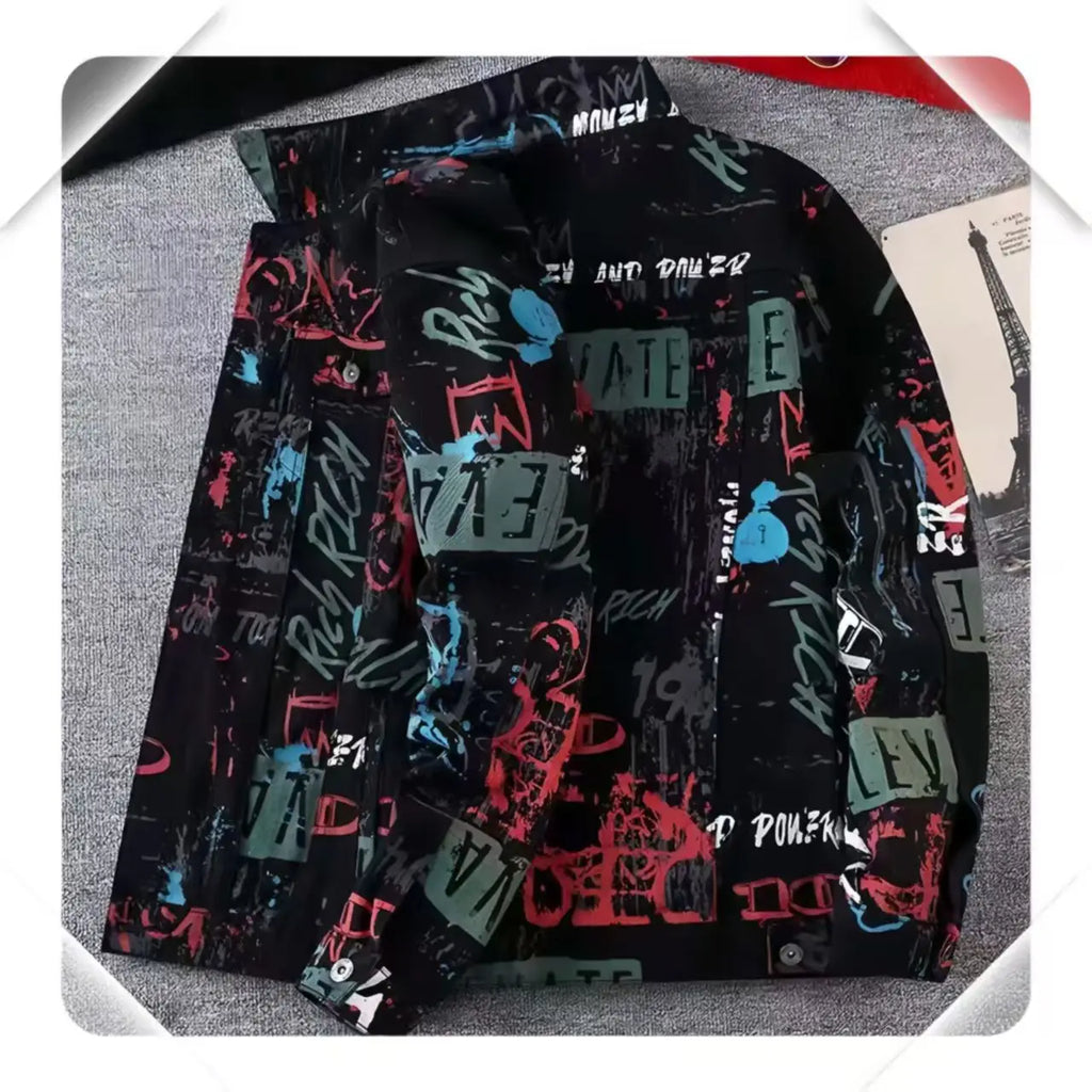 Vintage Loose Men's Print Denim Jacket Spring Autumn Casual Long Sleeve Outerwear Coat