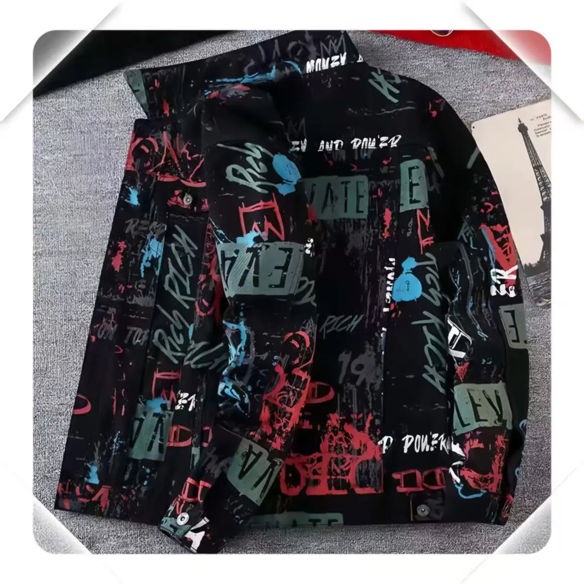 Vintage Loose Men's Print Denim Jacket Spring Autumn Casual Long Sleeve Outerwear Coat