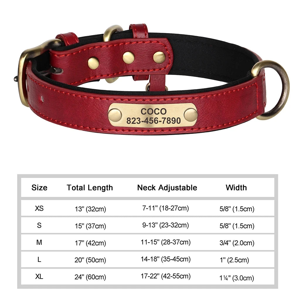 Personalized Customized Leather ID Nameplate Dog Collar Soft Padded Dogs Collars Free Engraving Name for Small Medium Large Dogs