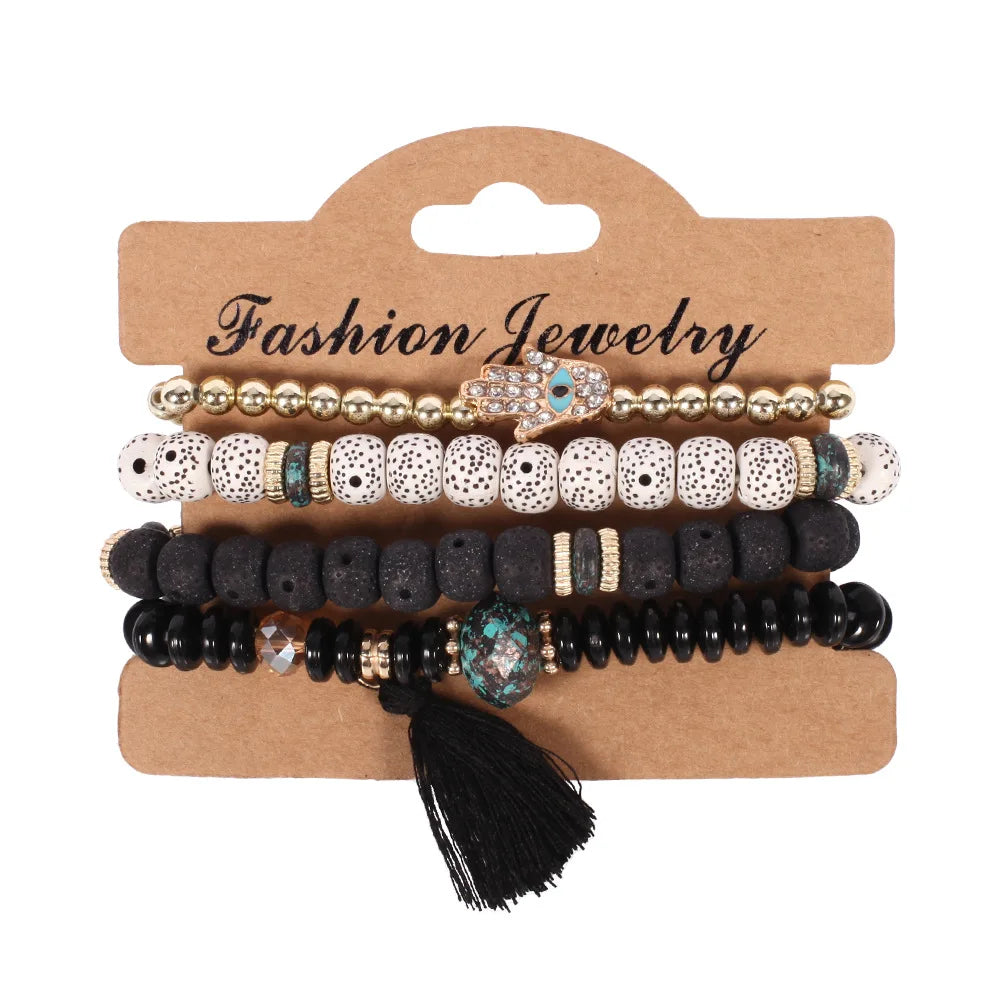 4Pcs/set Bohemia Wood Beads Chain Bracelet Set For Women Tree Of Life Charm Rose Flower Handmade Bangle Girls Boho Jewelry