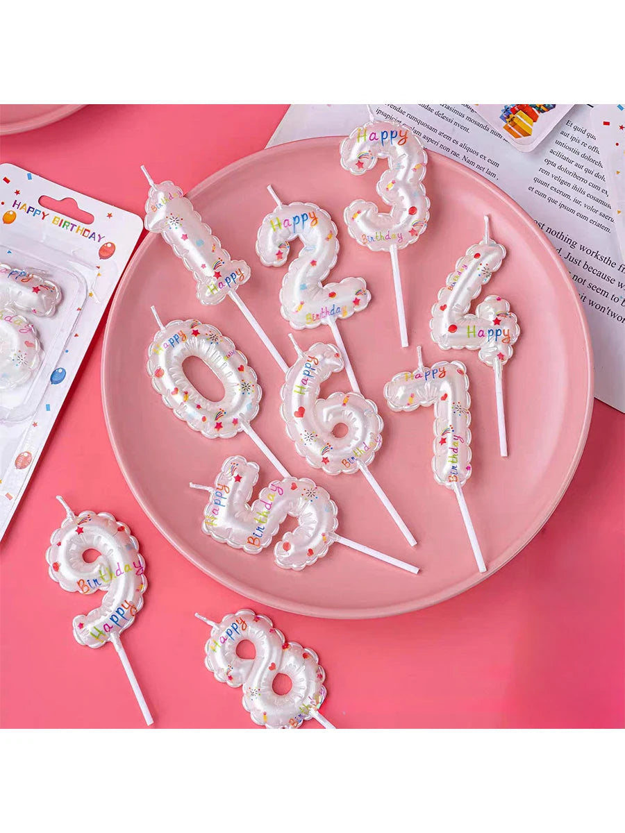 1pc Happy Birthday Candles, Princess Theme Cake Decoration, White Printed Pattern, Baby Shower Party Supplies, 0-9 Digital Numbe