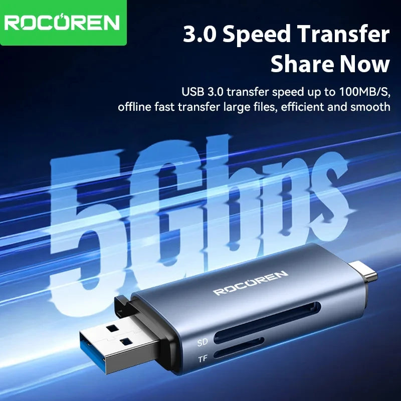 Rocoren Card Reader 2 in 1 USB 3.0 5Gbps USB A USB C Combined Design SD/TF Cards 2TB Smart Cardreader for Laptop Accessories