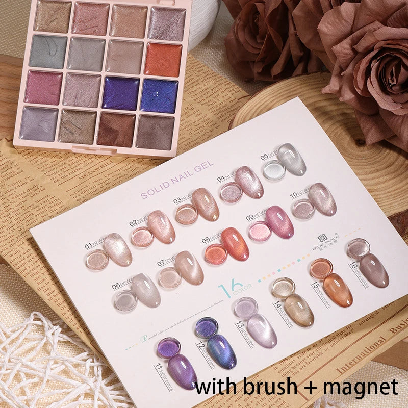 16colors Japanese Holographic Glitter Mirror Porcelain White Cat Eye Gel Polish Palette Magnetic Galactic Effect Gel Nail Polish