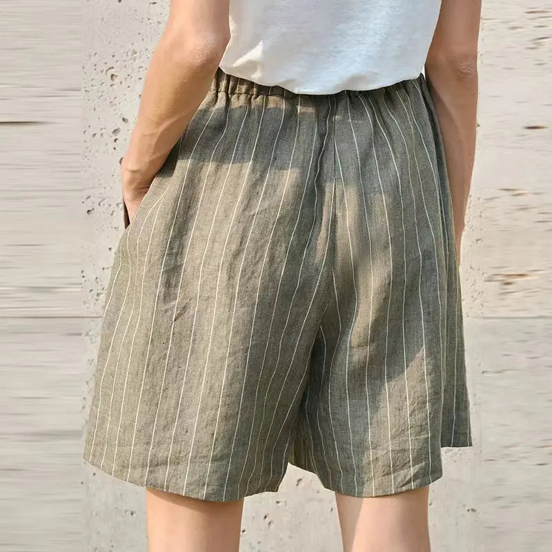 100% Linen Retro Striped Shorts For Women Summer New Loose High Waisted Straight Leg Pants Commuting Casual Girl Shorts