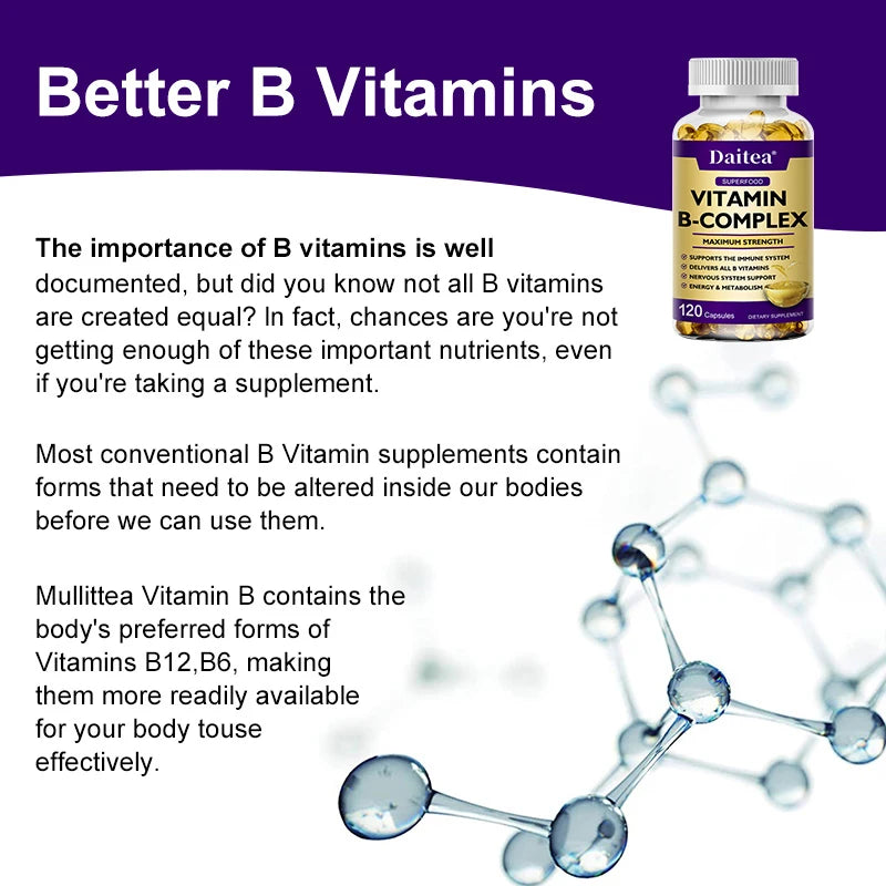 Vitamin B-Complex Capsules - Energy, Immune & Nervous System Support, Relieve Stress, Improve Digestion