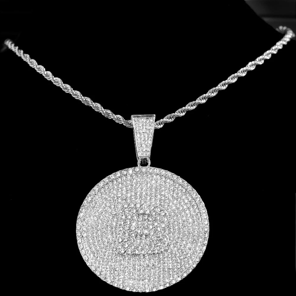 Iced Out Round Initial Pendant Necklace 14MM Rhombus Cuban Link Chain 26 Letters Chain Necklaces Women Men Hiphop Jewelry