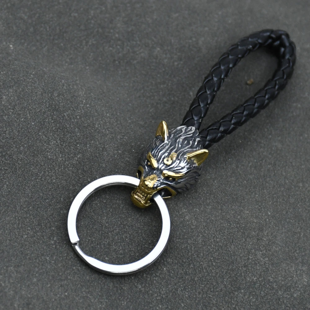 1Pcs Stainless Steel Wolf Amulet Jewelry PU Braided Woven Leather Keychain Viking Accessories Key Ring For Knife Car Decoration