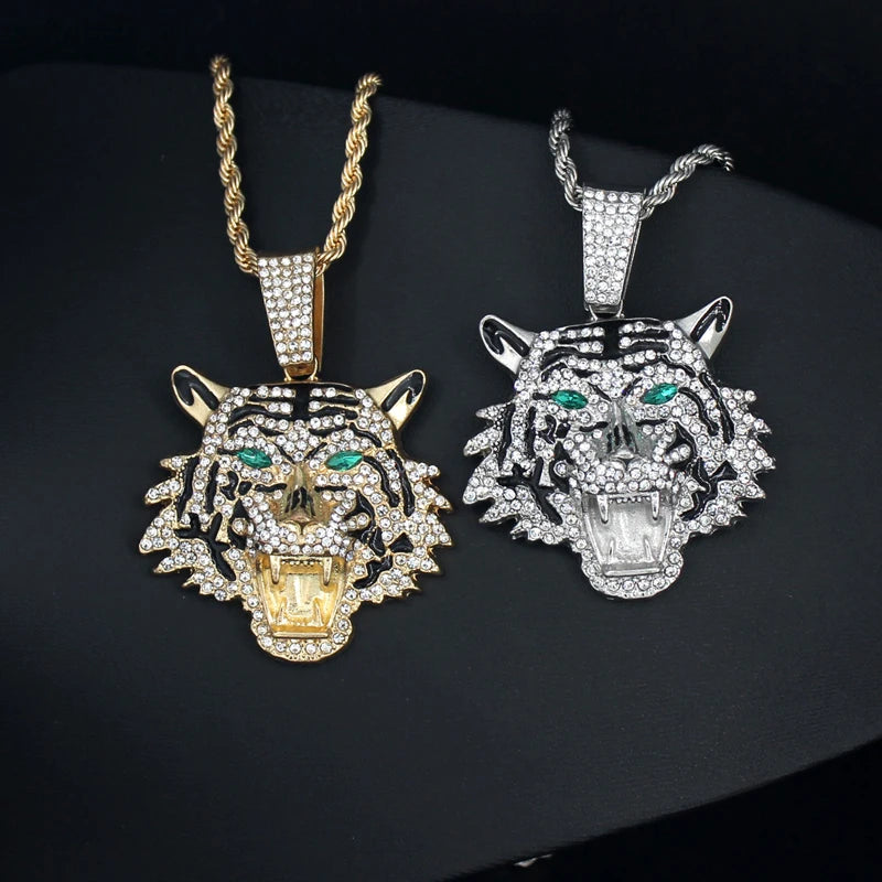 Hip Hop Big 3D Tiger Pendant Necklace Crystal Cuban Chain HipHop Iced Out Bling Necklaces Men Women Fashion Charm Jewelry