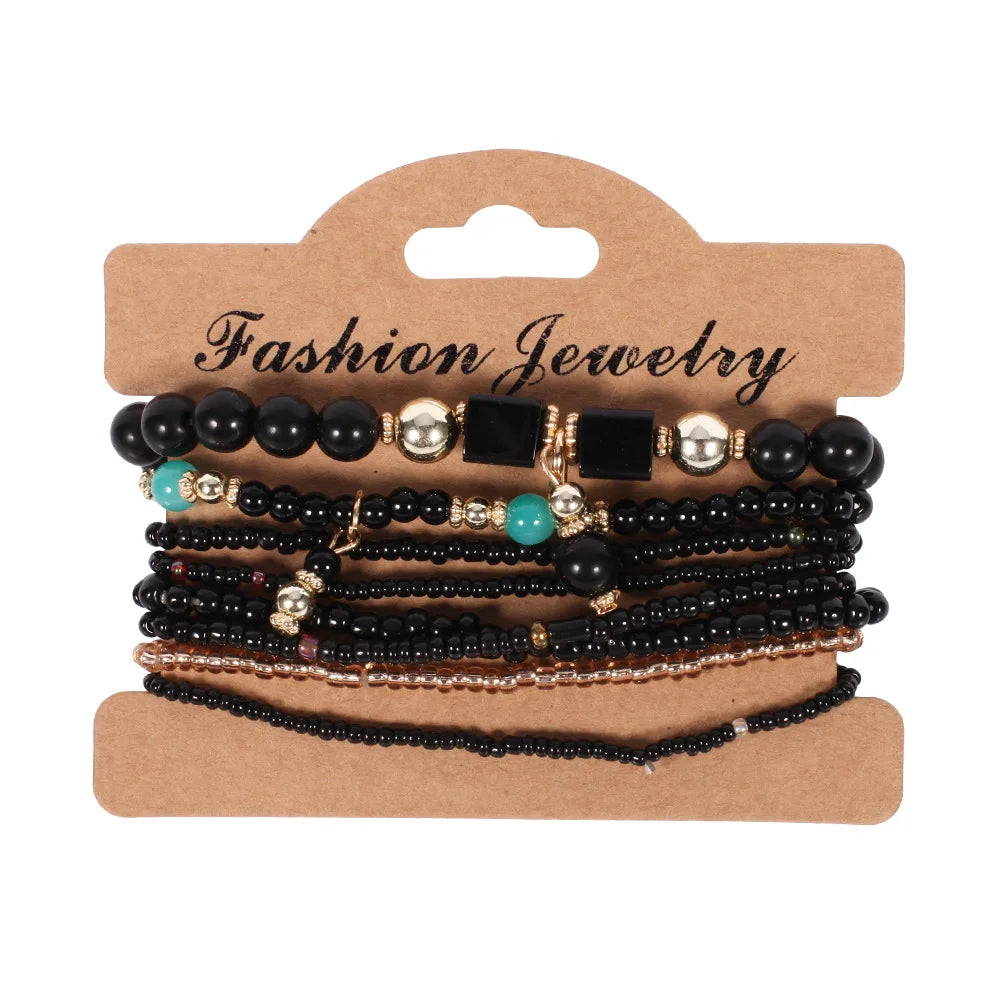 4Pcs/set Bohemia Wood Beads Chain Bracelet Set For Women Tree Of Life Charm Rose Flower Handmade Bangle Girls Boho Jewelry