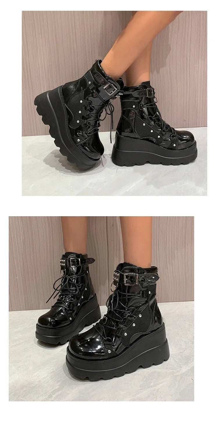2025 New Design Women Punk Gothic Motorcycle Boots Platform Chunky High Heel Ankle Boot Ladies Cool Wedge Black Female Shoes