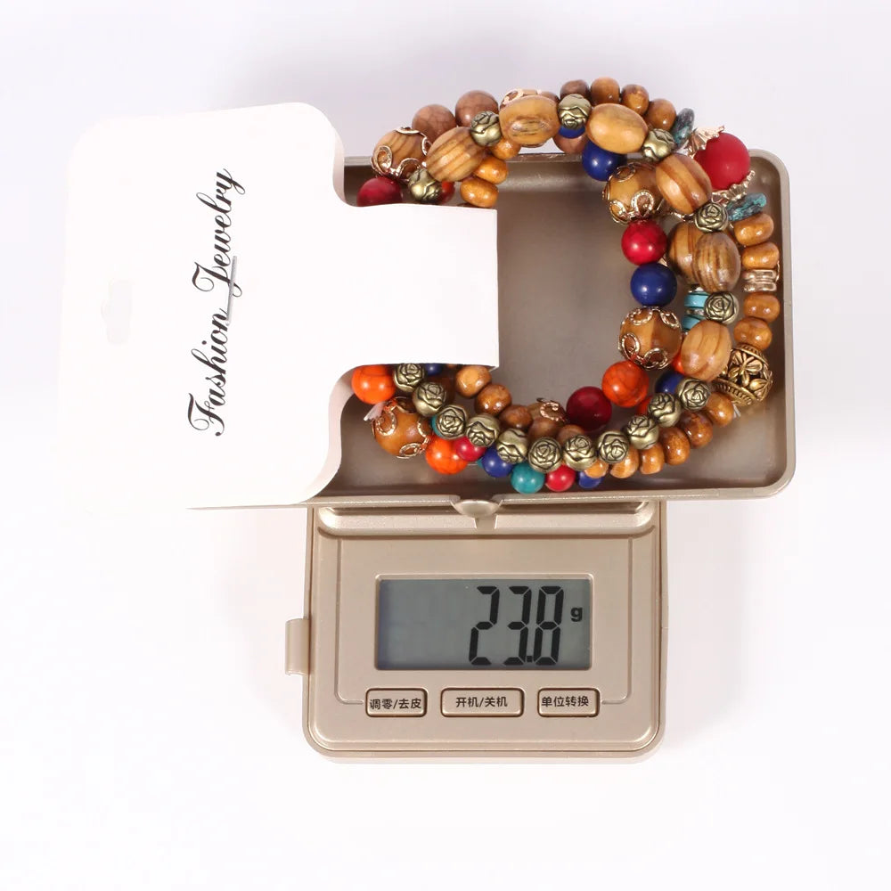 4Pcs/set Bohemia Wood Beads Chain Bracelet Set For Women Tree Of Life Charm Rose Flower Handmade Bangle Girls Boho Jewelry