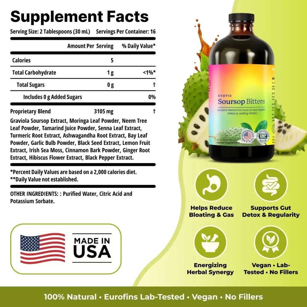Soursop Bitters Liquid Supplement,Black Seed Moringa Irish Moss Drops for Gut Digestive Wellness Immune Support 473ml Bottle