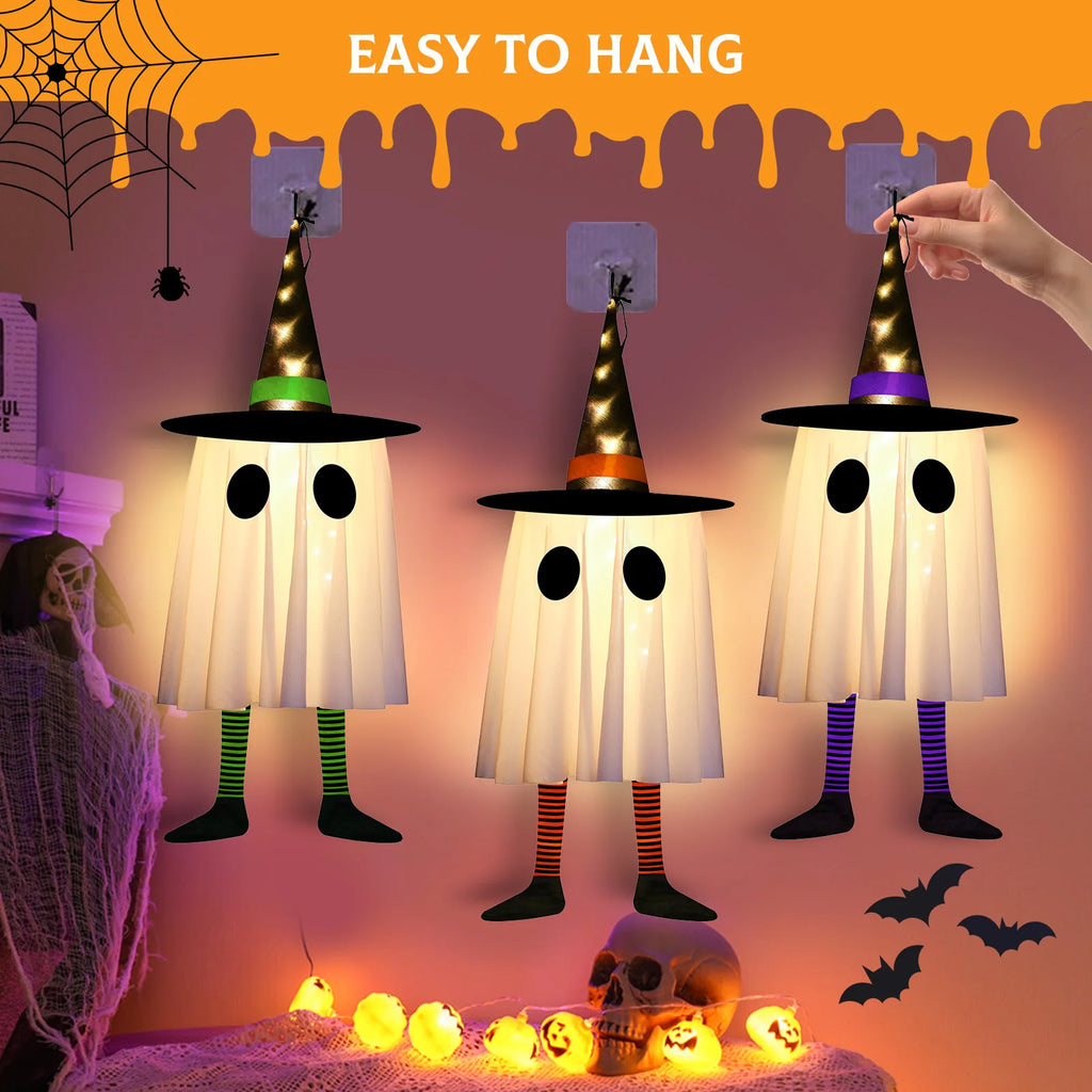 Halloween Hanging Ghost Decorations Outdoor, Glowing Ghost with Witch Hat String Lights for Yard Patio Garden Tree Decoration
