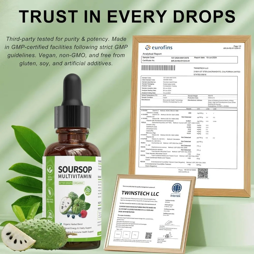 Soursop Liquid Drops Herbal Extract Plant Based Supplement with Soursop Fruit and Leaf Blend Daily Wellness Formula Vegan