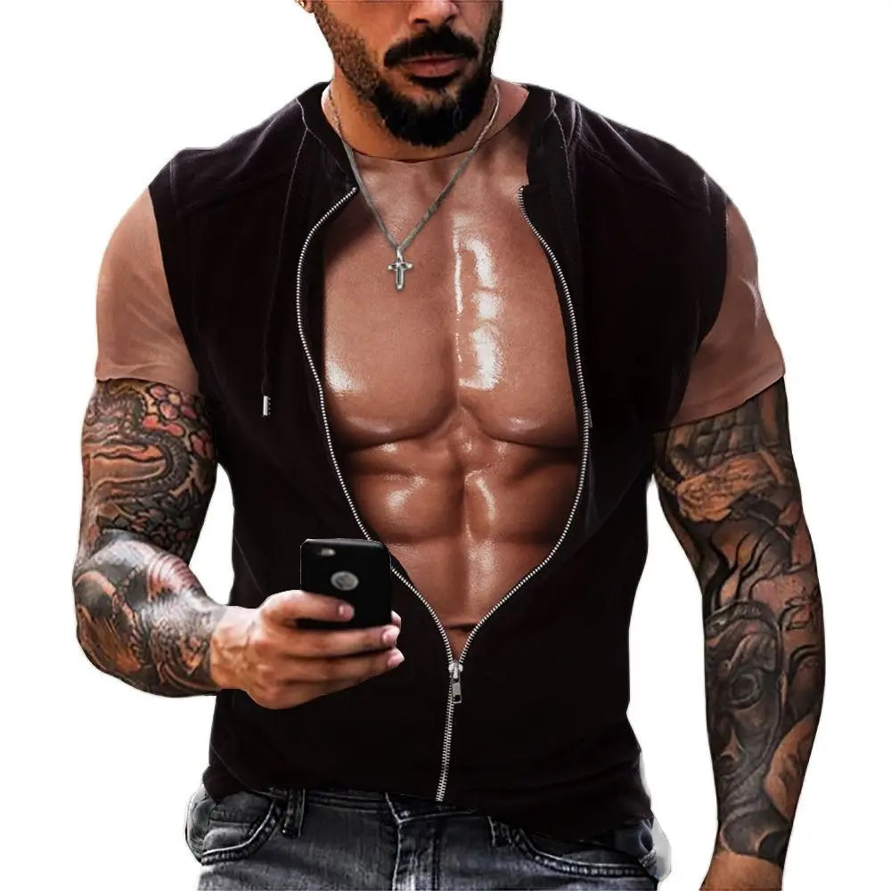 Men's 6-pack Abdominal Muscle T-shirt 3D Printed Short-sleeved Fitness Running Sports Casual Loose Short-sleeved Comfortable Shirt