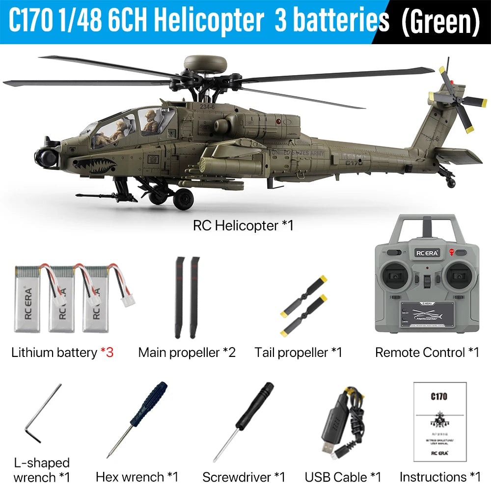 2026 New RC ERA C170 AH-64 Apache 1:48 Auto Stabilized Helicopter