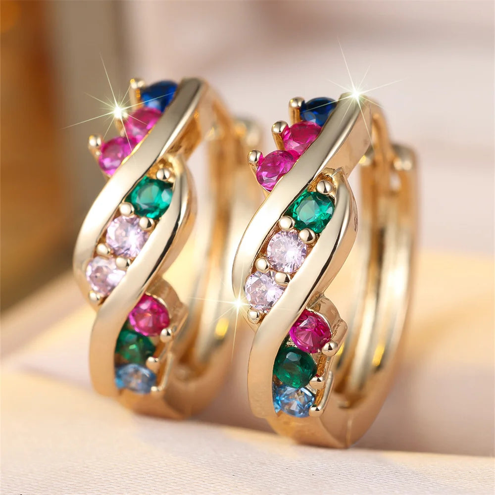 Multicolor Crystal Small Round Stone Twisted Hoop Earrings For Women Vintage Gold Color Ear Buckle Wedding Party Jewelry Gifts