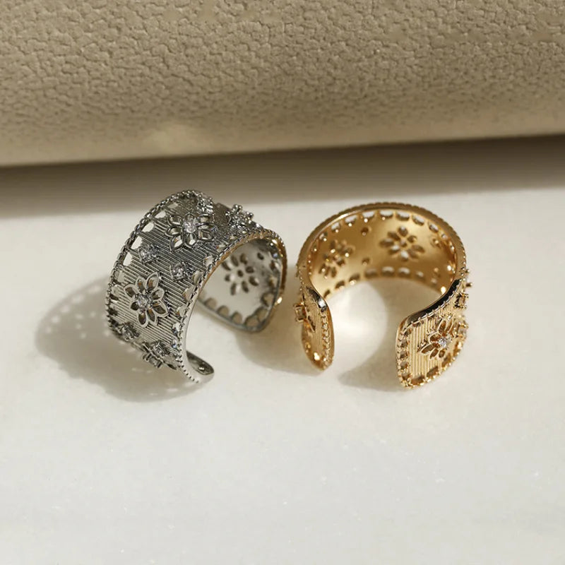 925 Sterling Silver Flower Geometry Ring For Women Girl Hollow Out Zircon Grace Wide Jewelry Gift Dropshipping