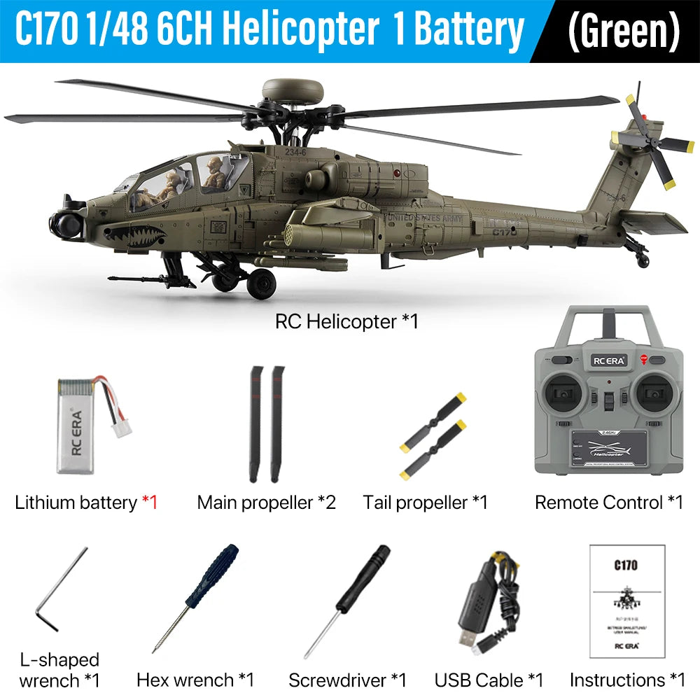 2026 New RC ERA C170 AH-64 Apache 1:48 Auto Stabilized Helicopter