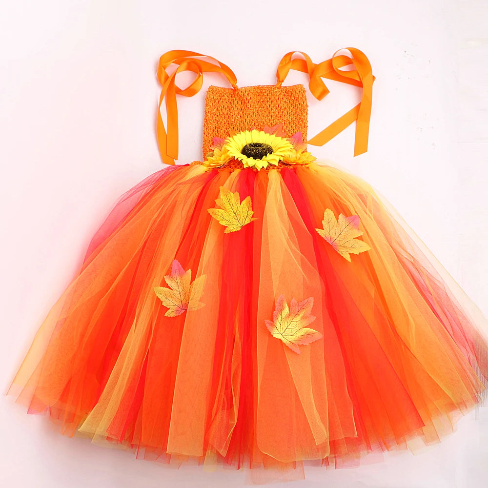 Maple Leaf Sunflower Fairy Costumes Girls Fall Autumn Long Tutu Dress for Kids Thanksgiving Halloween Fancy Outfit with Wings