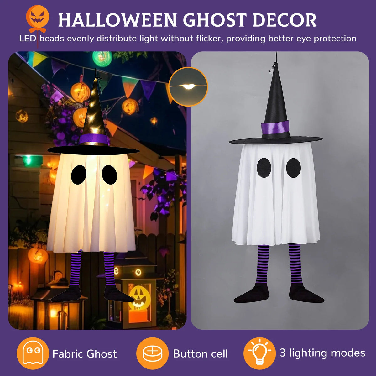 Halloween Hanging Ghost Decorations Outdoor, Glowing Ghost with Witch Hat String Lights for Yard Patio Garden Tree Decoration