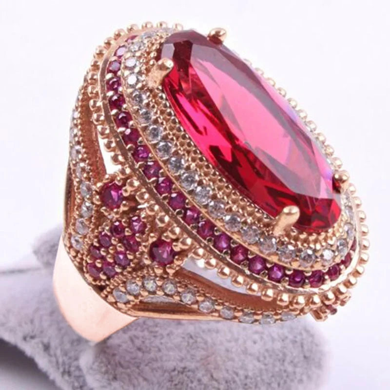 Huitan Noble Wome Ring Elegant Party Engagement Fashion Accessories for Lady Charming Anniversary Gift Inlaid Shiny Red Oval CZ