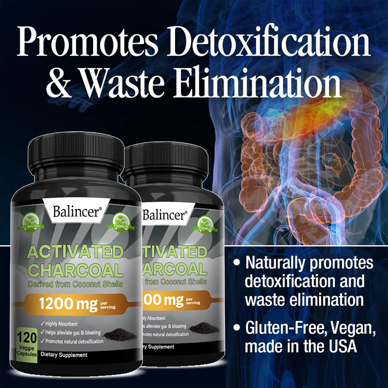 1200mg Activated Charcoal Capsules, Natural Digestive & Gut Support, Bloating & Gas Relief, Body Cleansing, Oral & Skin Wellness