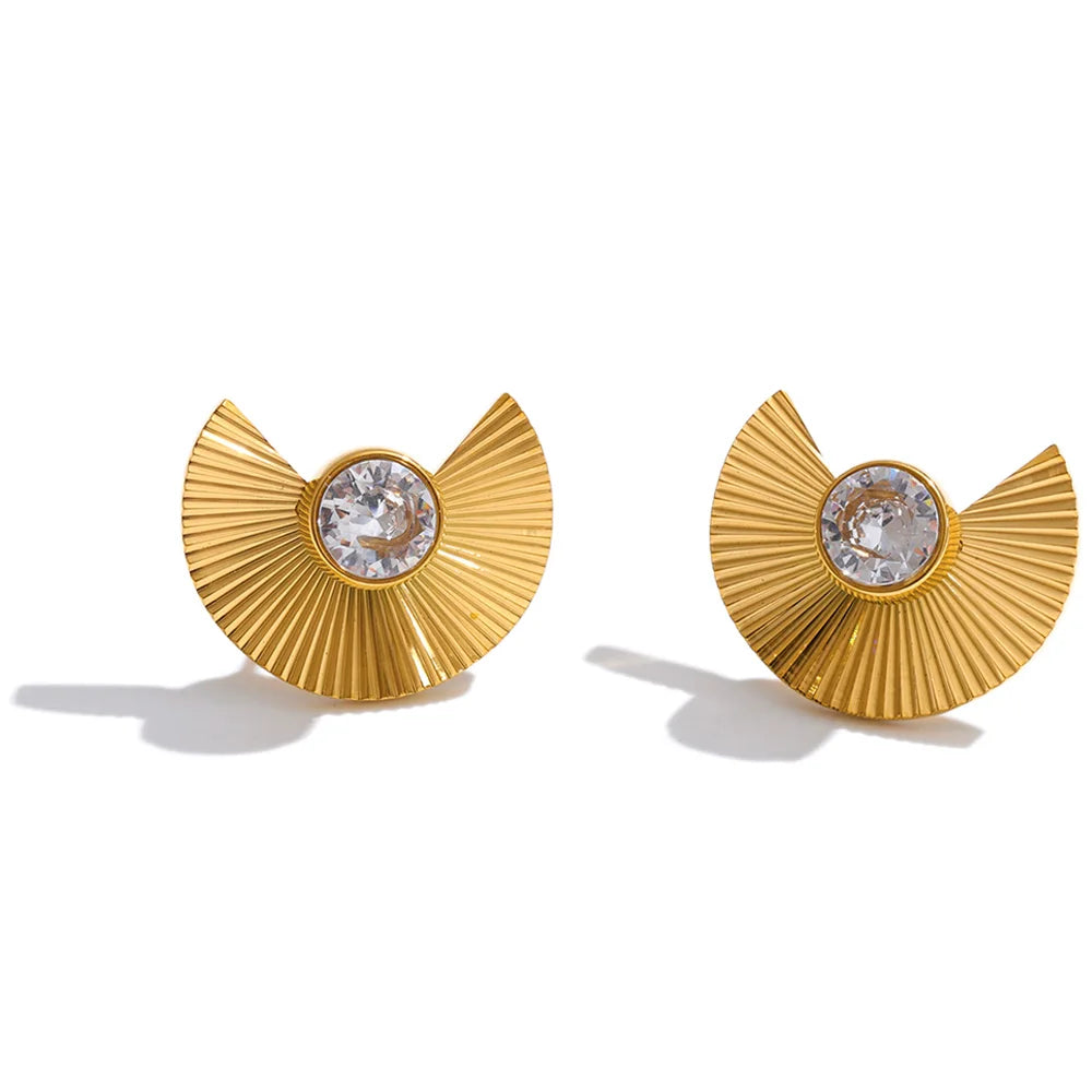 Yhpup Stainless Steel Cubic Zirconia Fan Stud Earrings  for All Occasions 18K Gold Color PVD Plated Delicate Jewelry Waterproof
