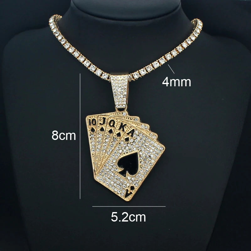 Men Women Hip Hop Playing Card Poker Pendant Necklace Crystal Cuban Chain HipHop Iced Out Bling Necklaces Fashion Charm Jewelry