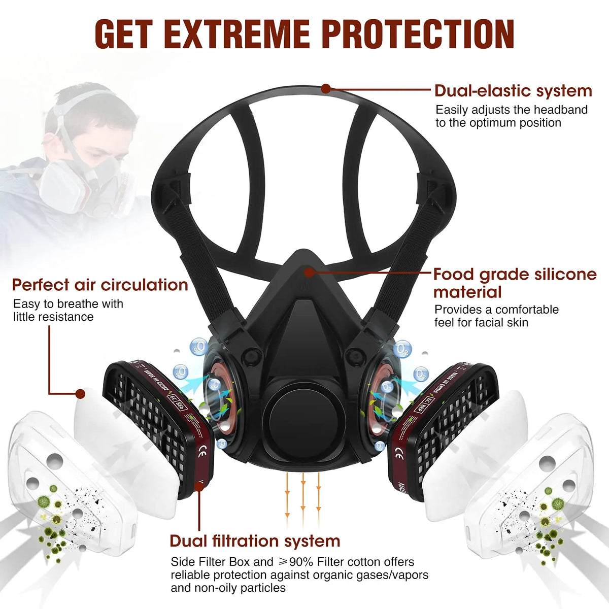 Dust Gas Mask Anti-fog Safety Goggles 6200 Black Half Face Gas Respirator Epoxy Resin Painting Spray Polishing Work Safety