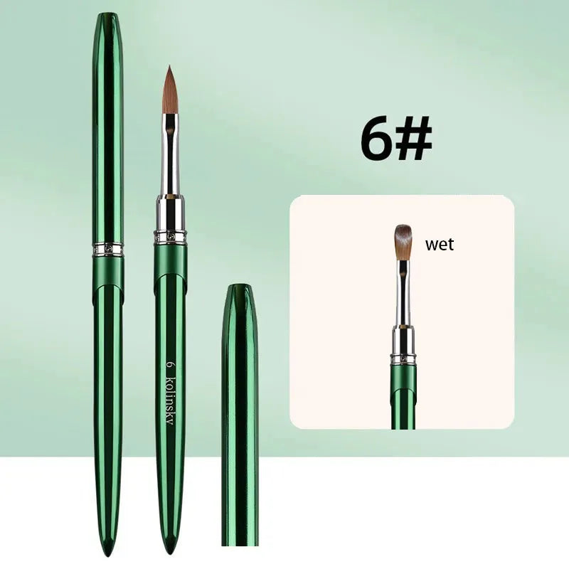 100% Kolinsky Acrylic Nail Brush 1Pcs Green Crimped Metal Handle Drawing Brush for Acrylic Powder Size 2-18