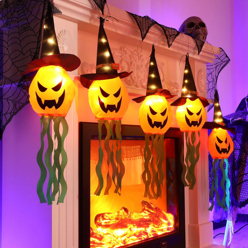 Halloween Hanging Ghost Decorations Outdoor, Glowing Ghost with Witch Hat String Lights for Yard Patio Garden Tree Decoration
