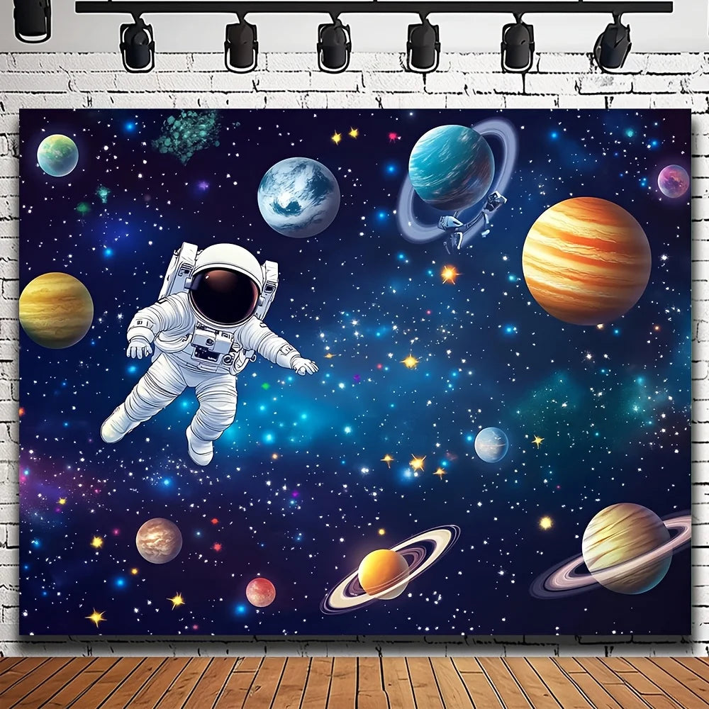 One galaxy space-themed polyester background fabric, designed for outer space and rocket astronauts, for a birthday party