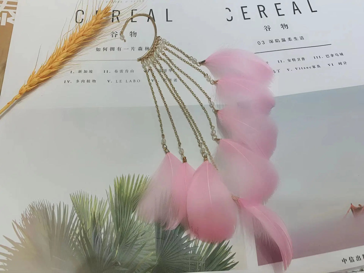 Bohemian Colour Feather Ear Hook Clip on Earrings Without Piercing for Women Accessories Long Tassels Cuff Earring Jewelry