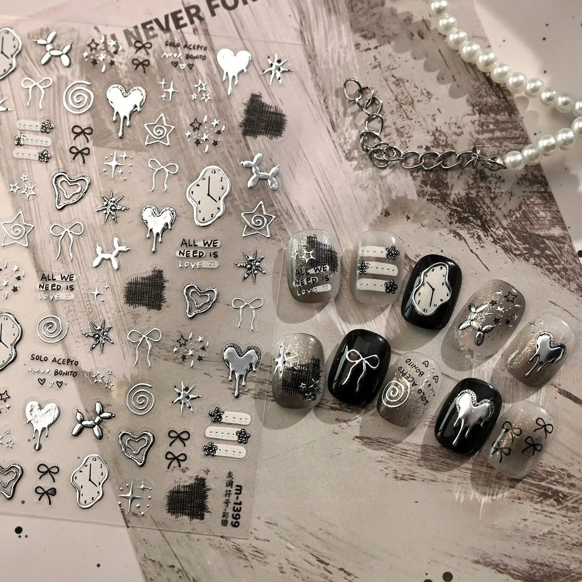5D Nail Stickers Cute Stars Bow Nail Art Stickers Silver Metallic Metal Graffiti Gray Y2K Symbol DIY Nail 3D Decorations Decals